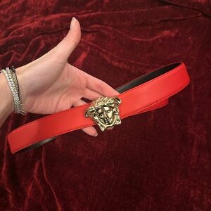 Versace Vibrant Red Belt with Gold Medusa Emblem